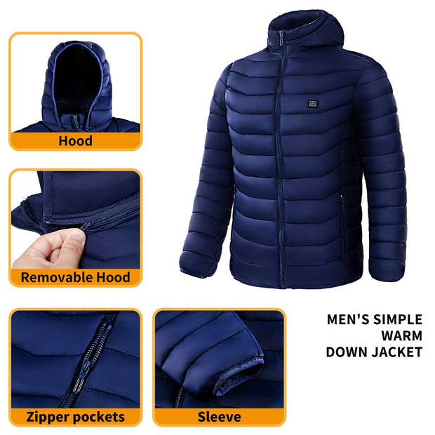 Men Heated Puffer Jacket Electric Heating Coat Insulated Hood Windbreaker 9Heat Zones - Xanfro