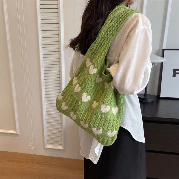 Fashion Large Capacity Heart-shaped Knitted Woven Shoulder Bag