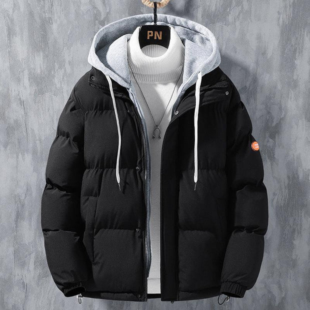 Fashion Hooded Jacket Men Winter Windproof Thickened Fake Two-piece Coat Solid Leisure Sports Cotton Jacket - Xanfro