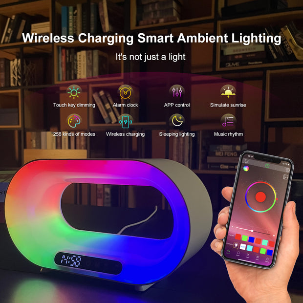 Veilleuse LED multifonction 3 en 1, contrôle par application, lampe de bureau d'ambiance RGB, chargeur sans fil intelligent multifonctionnel, réveil