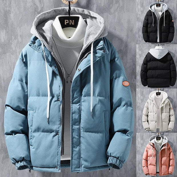 Fashion Hooded Jacket Men Winter Windproof Thickened Fake Two-piece Coat Solid Leisure Sports Cotton Jacket - Xanfro